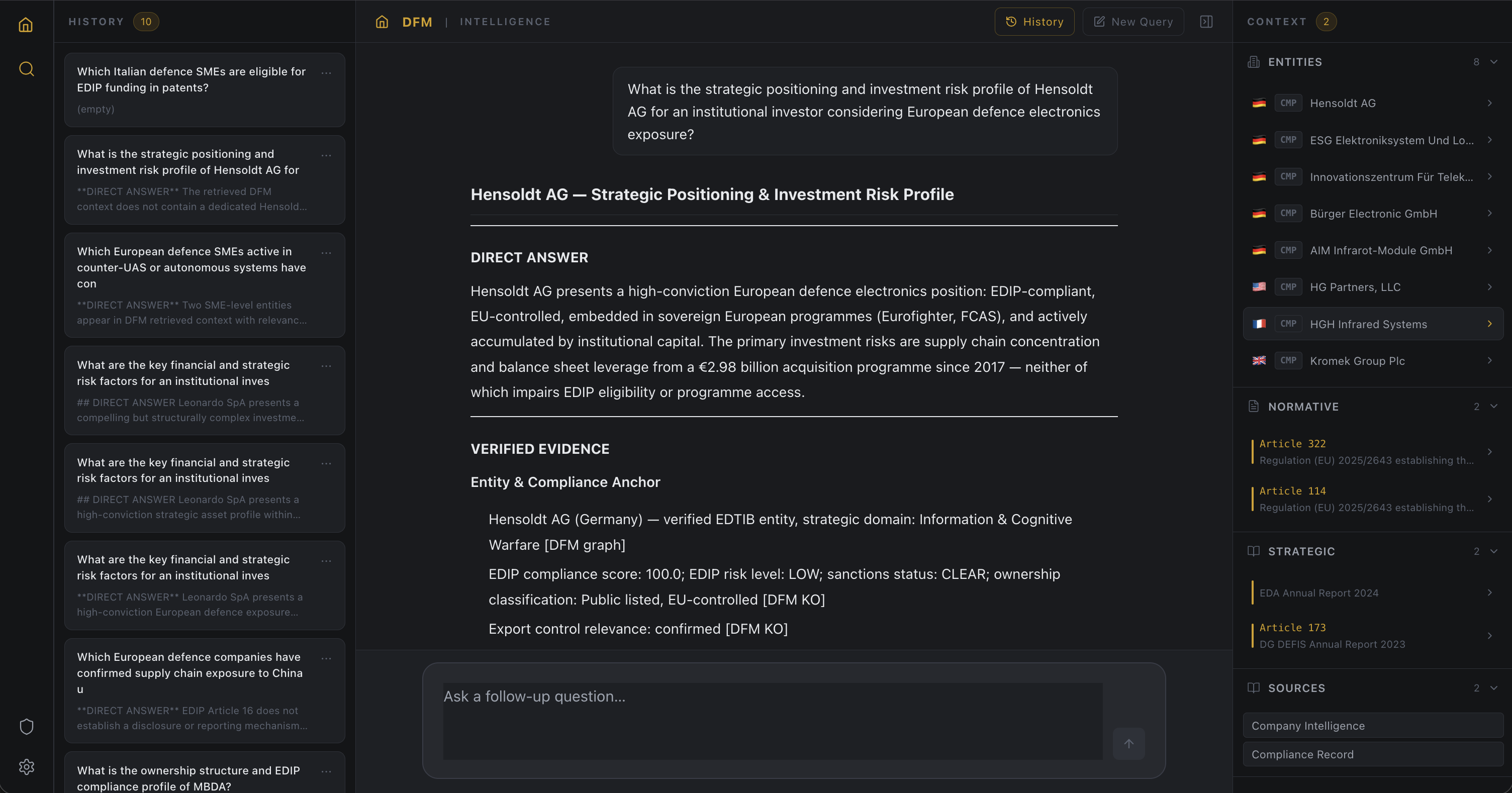 Defence Finance Monitor — Live Query response surface with ranked answer, contextual evidence panels and linked domain objects.